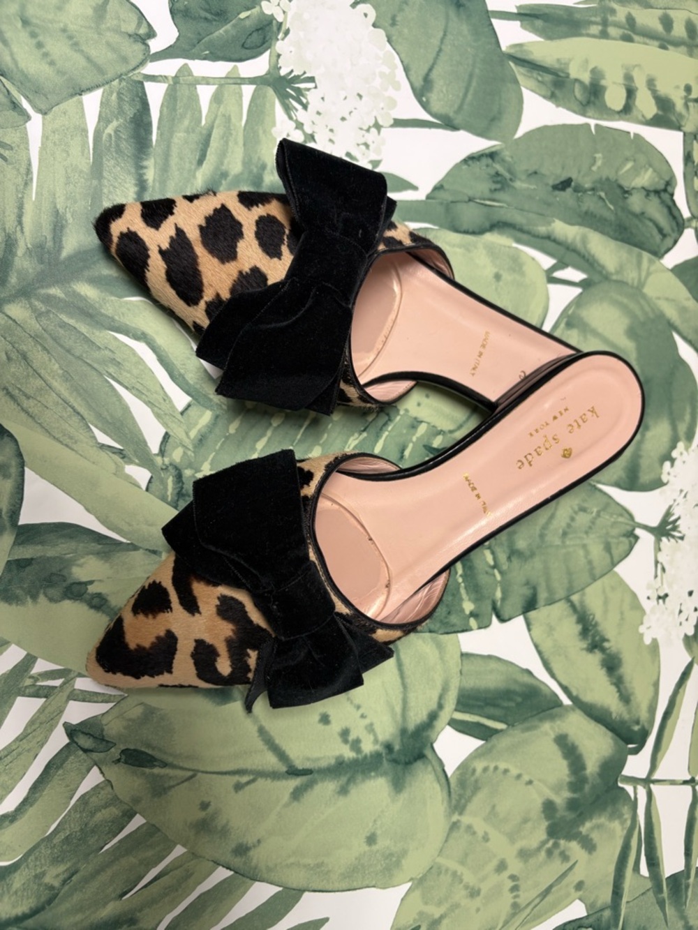 kate spade Leopard Print Pointed Toe Mules with Black Bow Accent
